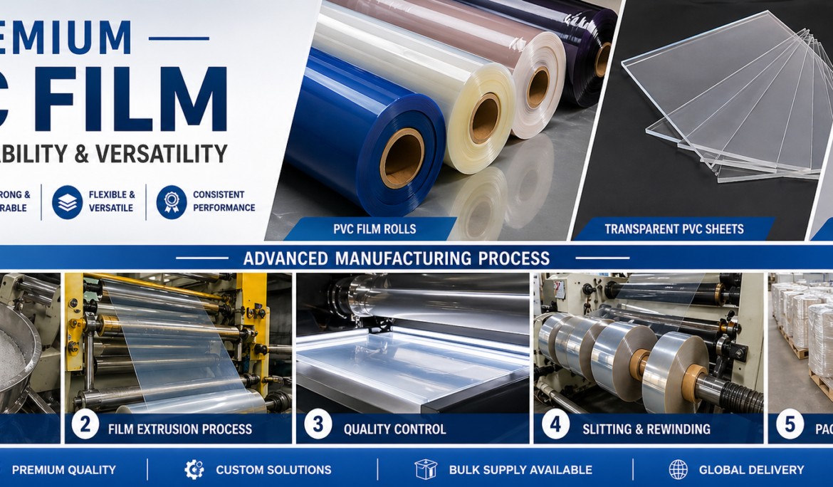 Premium PVC film rolls, transparent PVC sheets, colored film rolls, and manufacturing process including extrusion, quality control and slitting