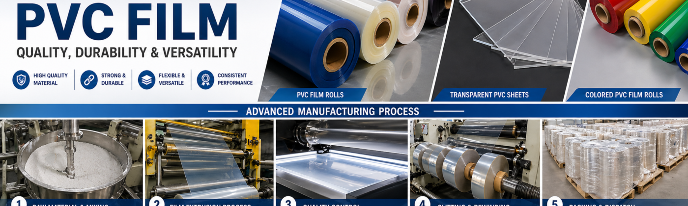 Premium PVC film rolls, transparent PVC sheets, colored film rolls, and manufacturing process including extrusion, quality control and slitting